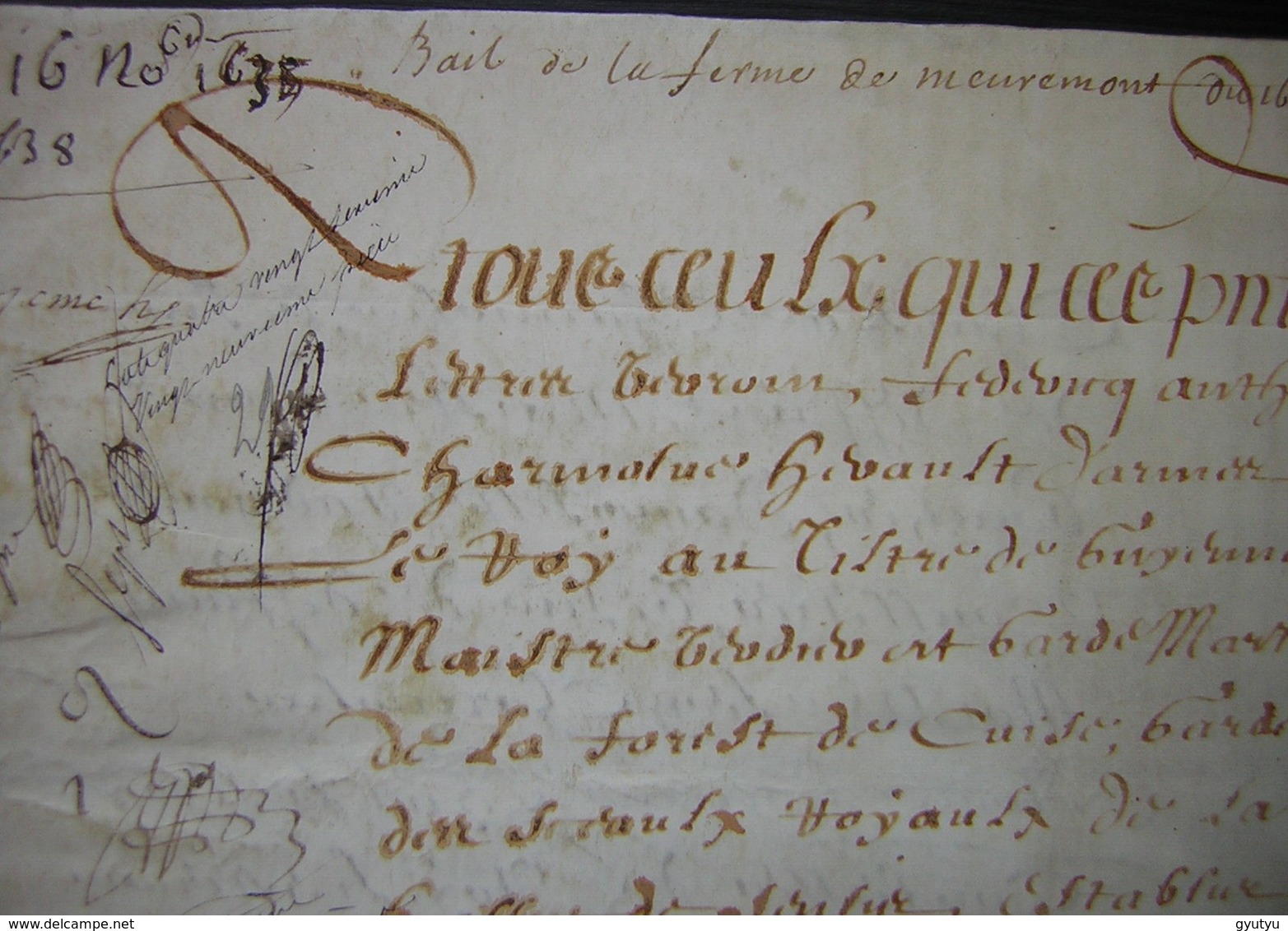 1638 Parchemin De 12 Pages Bail De La Ferme De Mermont Crépy Oise à Pierre Lavoisier Et Augustin Béranger Par Charmoluë - Manuscripts