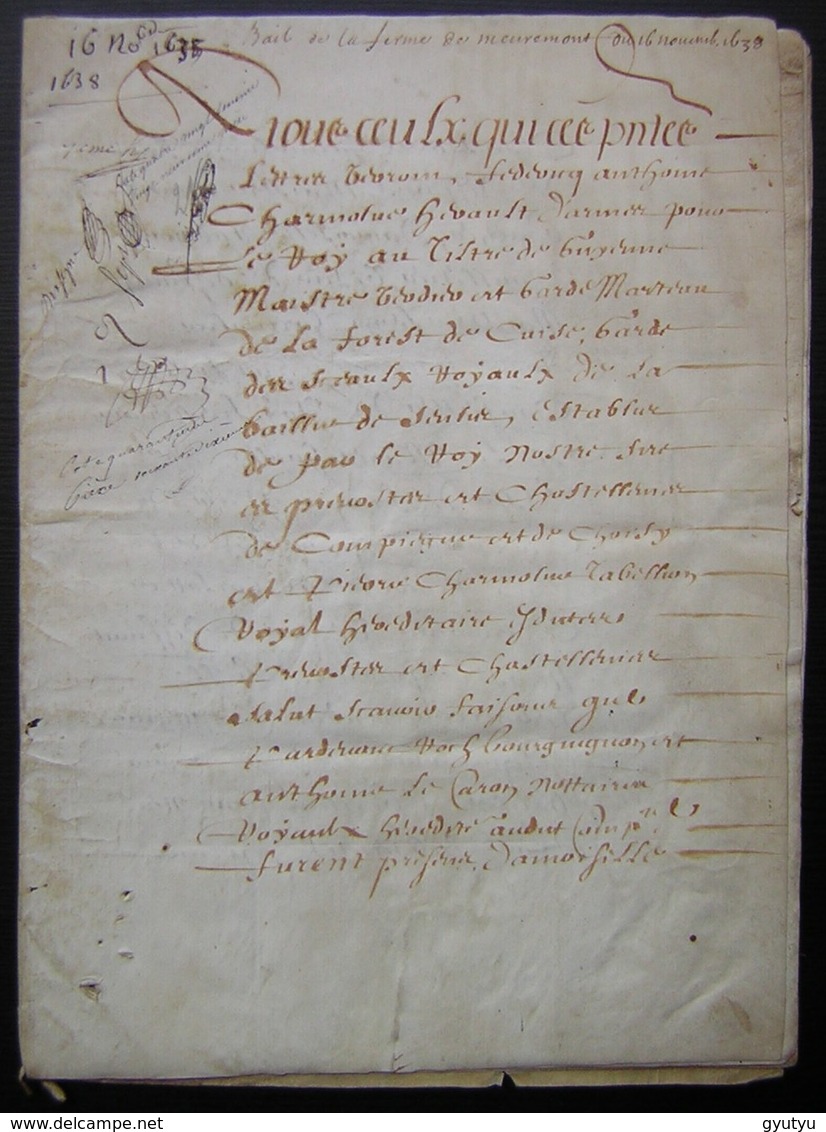 1638 Parchemin De 12 Pages Bail De La Ferme De Mermont Crépy Oise à Pierre Lavoisier Et Augustin Béranger Par Charmoluë - Manuscripts