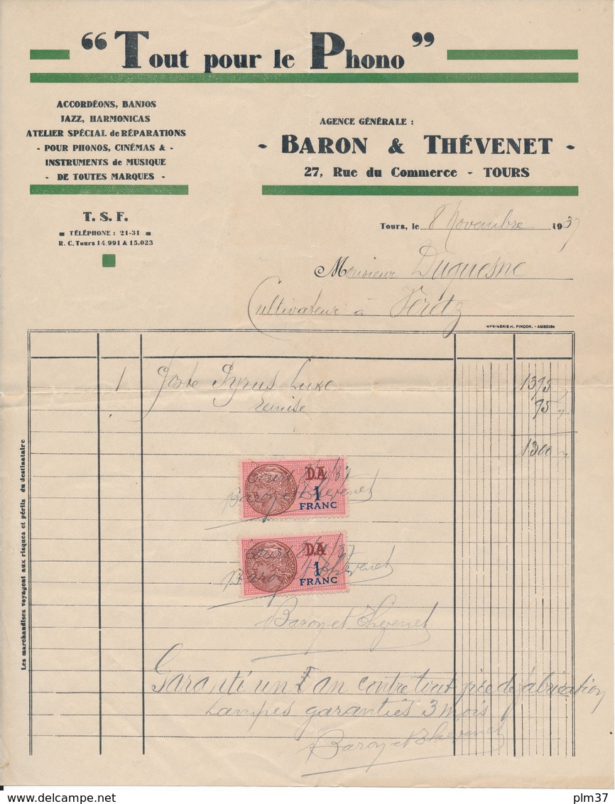 TOURS, Indre Et Loire - Tout Pour Le Phono - Baron & Thévenet 1937 - 1900 – 1949