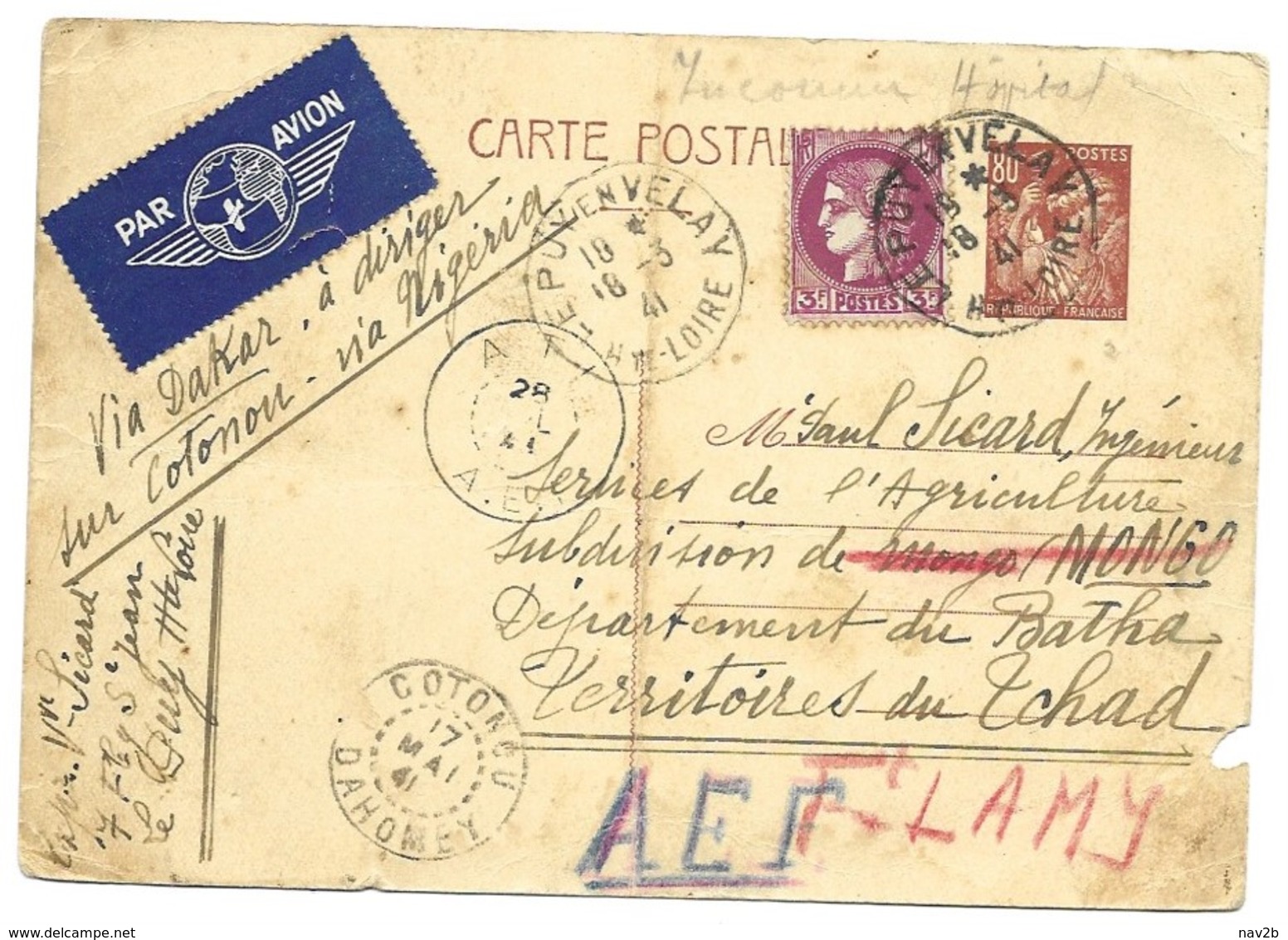 Entier Carte Postale Iris 80 C Oblitérée 1941 Puy En Velay Pour Via Dakar Dirigée Sur Cotonou Via Nigeria. - Standard Postcards & Stamped On Demand (before 1995)