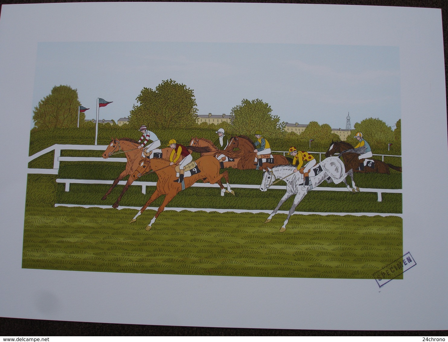 Lithographie Originale De Vincent Haddelsey 1934-2010 Non Signee: Auteuil (Cheval, Hippodrome, Saut D'Obstacles, Course) - Estampes & Gravures