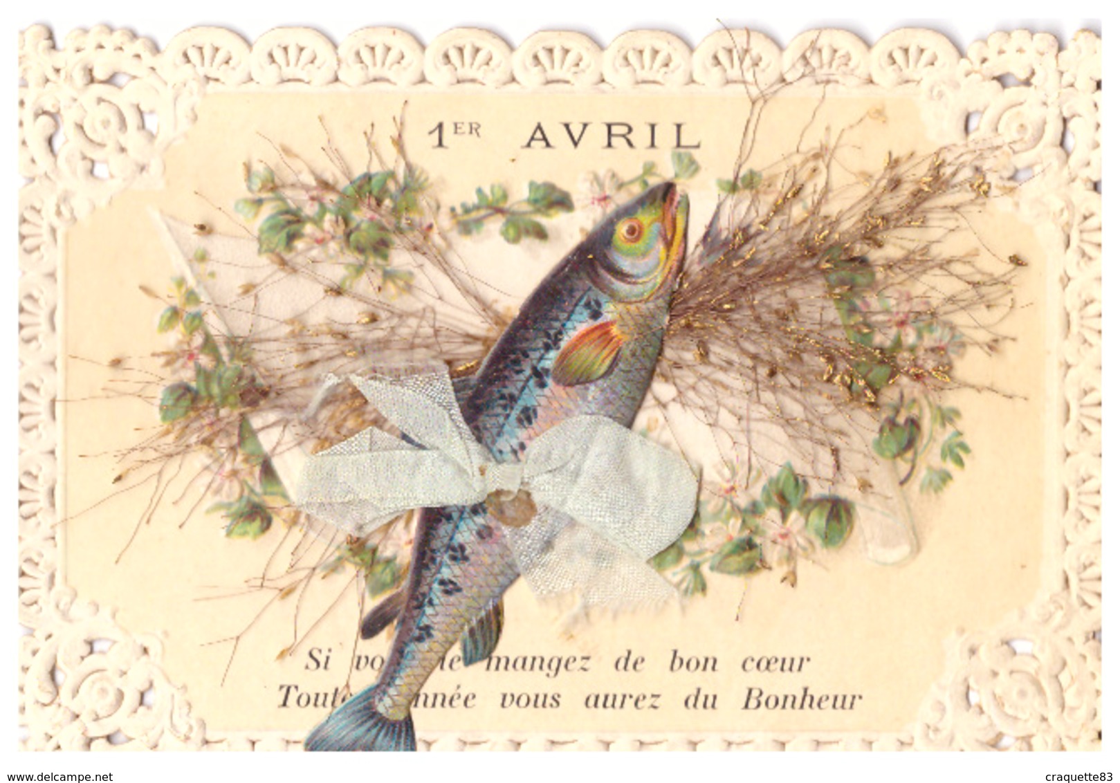 1er AVRIL    POISSON ORNE D'UN NOEUD ET FLEURS SECHEES - Animali