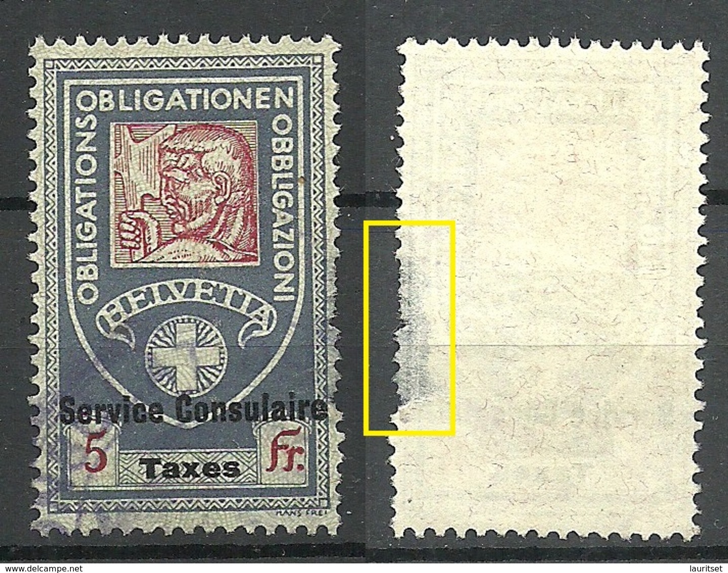 SCHWEIZ Switzerland Service Consulaire Revenue Concular Tax 5 Fr. O NB! Thinned Left Margin! - Dienstzegels