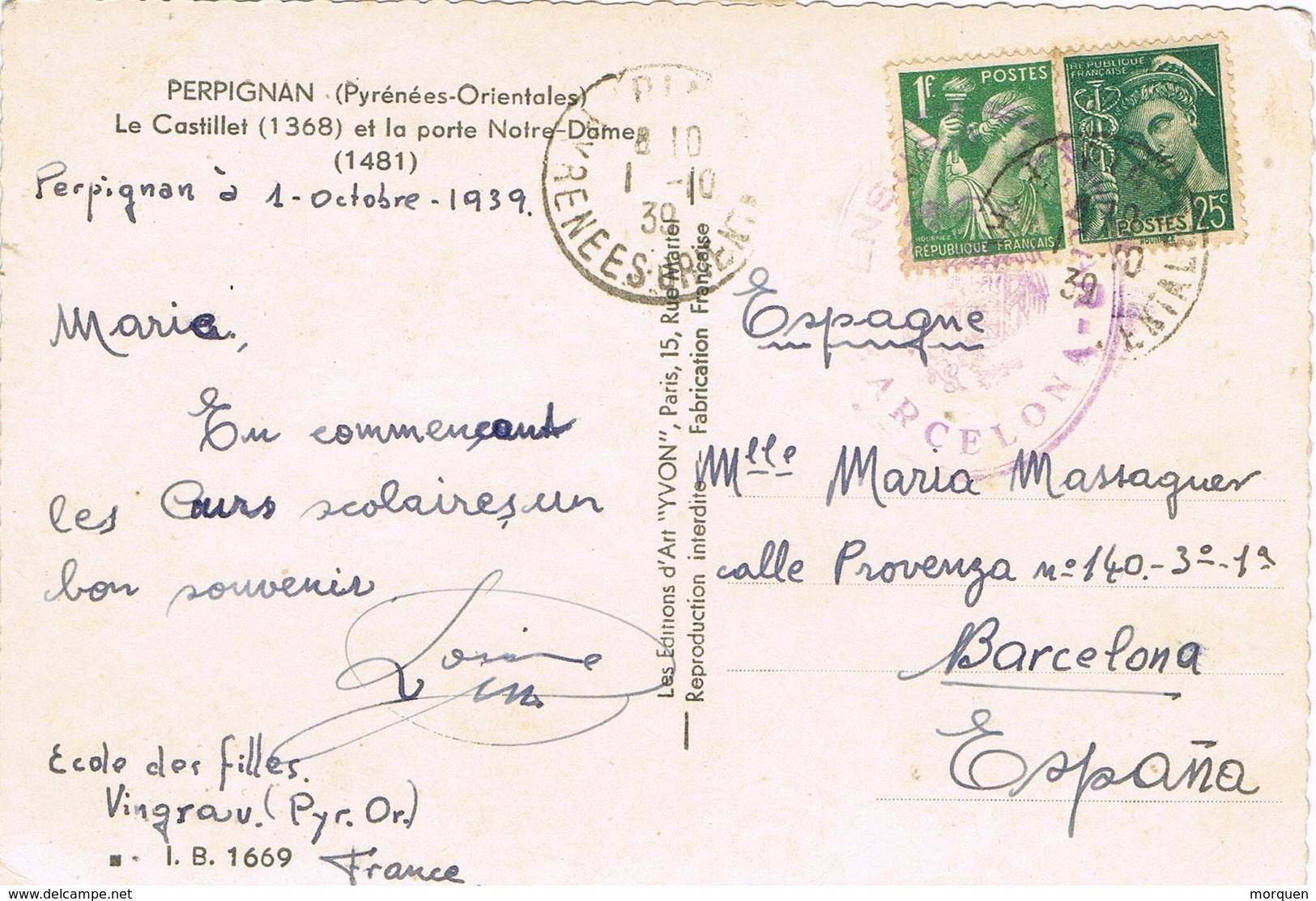 33235. Postal VINGRAU (Pyrenées Or) 1939. CENSURA Barcelona, Guerra Civil - Storia Postale