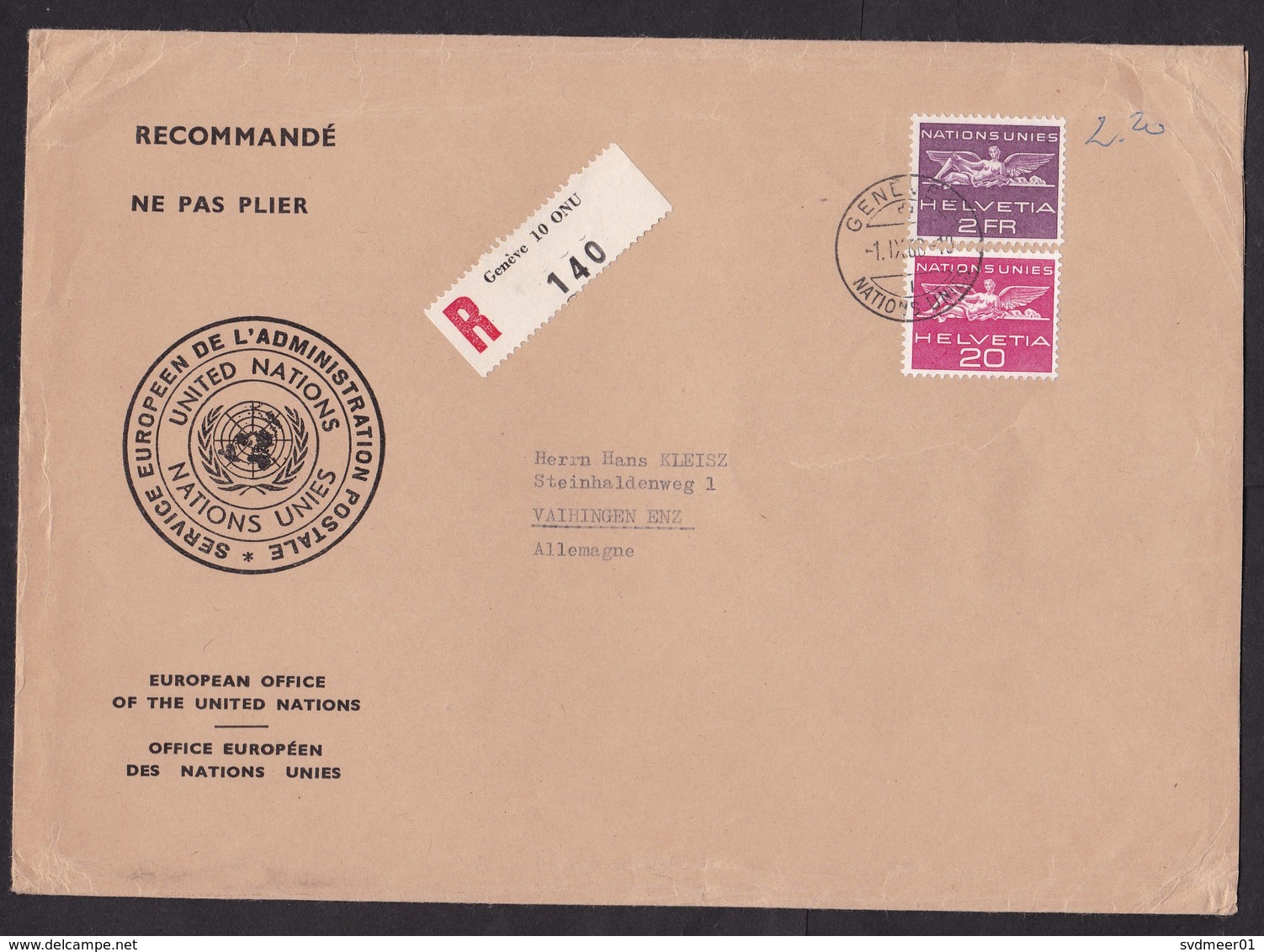 Switzerland: Early United Nations Geneva Registered Official Cover, 1968, 2 Stamps, UN Office, R-label (minor Creases) - Brieven En Documenten