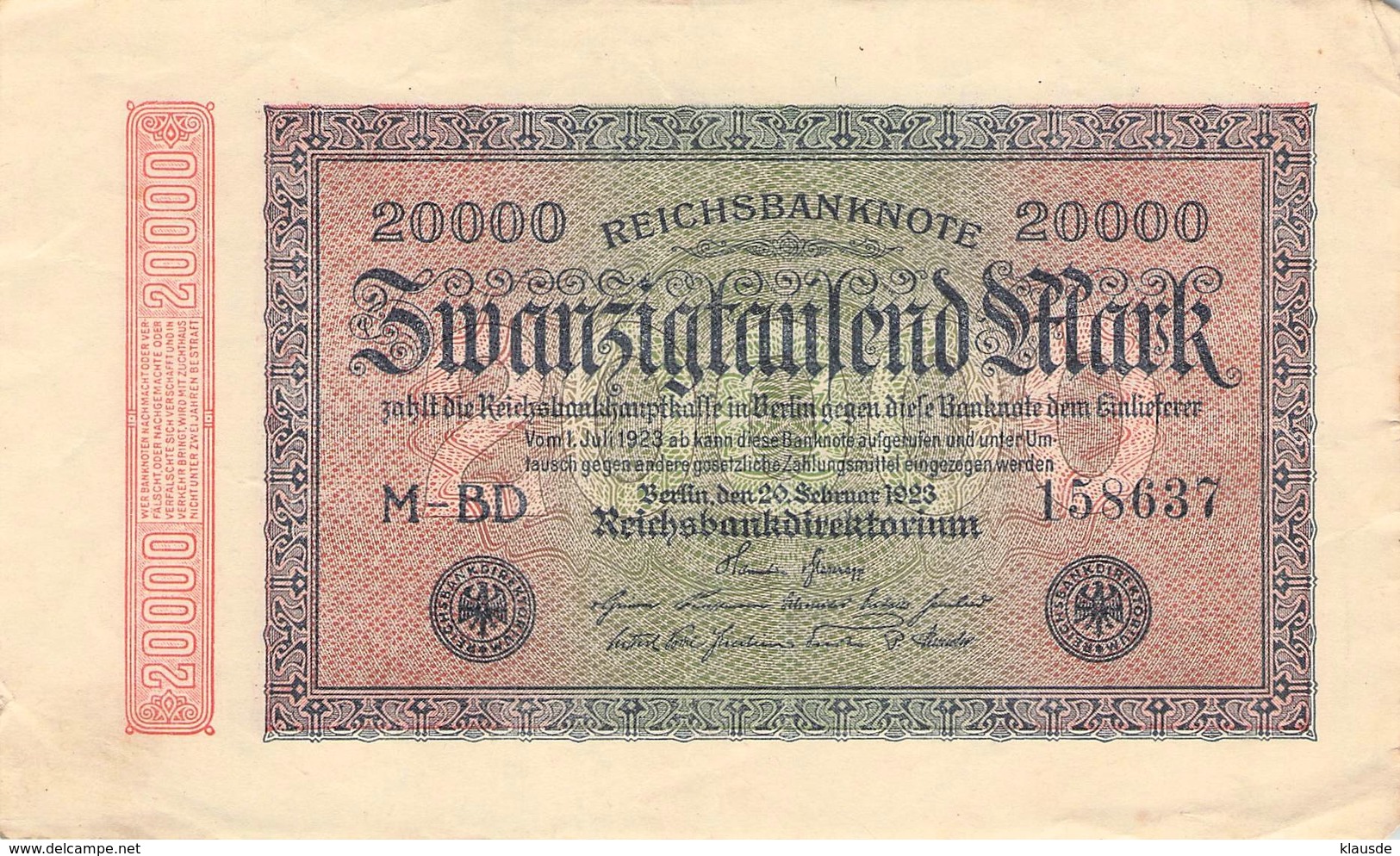 20.000 Mark Reichsbanknote VG/G (IV) - 50 Mio. Mark