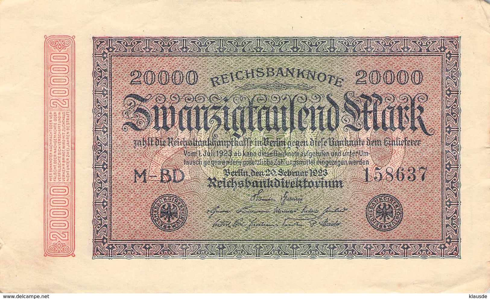 20.000 Mark Reichsbanknote VG/G (IV) - 50 Millionen Mark