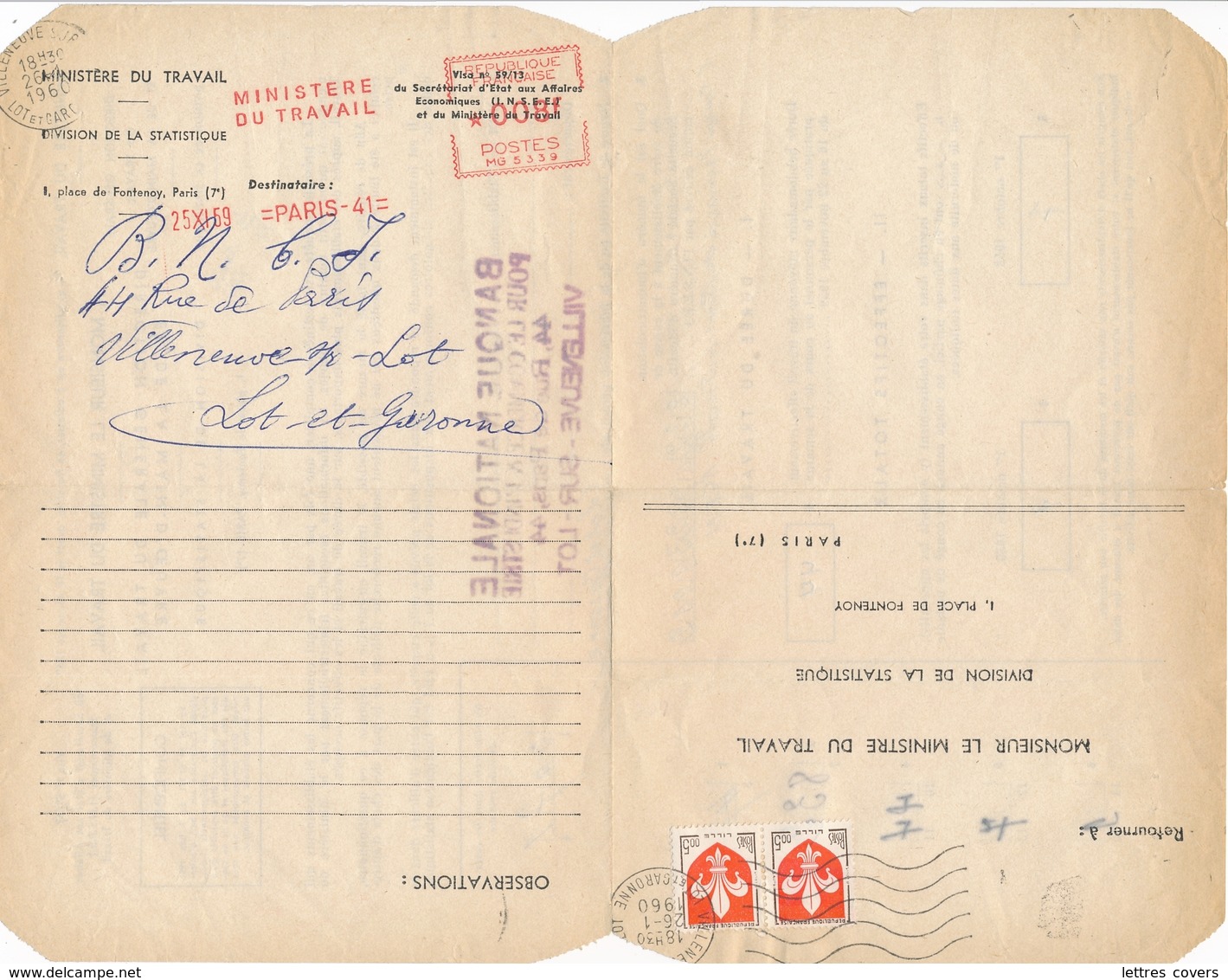 EMA à 8f Sur Formulaire MINISTERE DU TRAVAIL Avec Réponse Affrt BLASONS Nouveaux Francs Sur Lême Document - Lettre - 1921-1960: Moderne