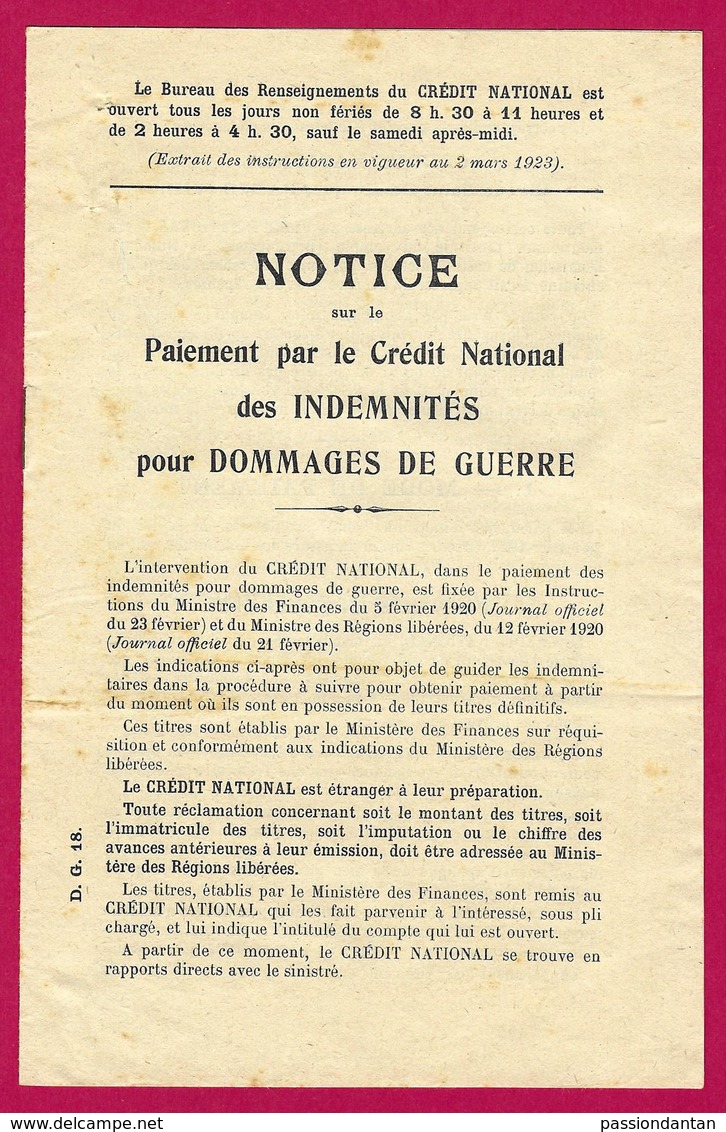 Notice Sur Le Paiement Par Le Crédit National Des Indemnités Pour Dommages De Guerre - Années 1920 - 1914-18