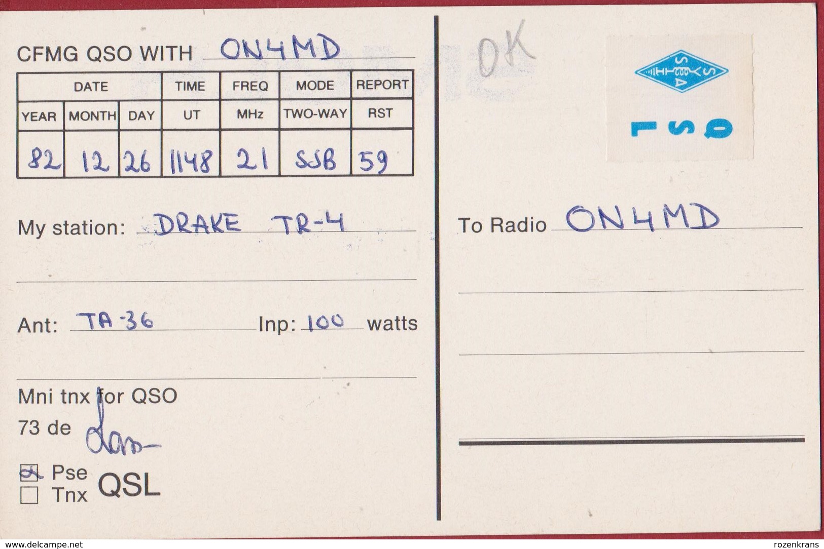 QSL Card Amateur Radio Funkkarte Sweden Sverige 1982 Smolh Djurhamn Ericsson Telecommunications World Wide - Amateurfunk