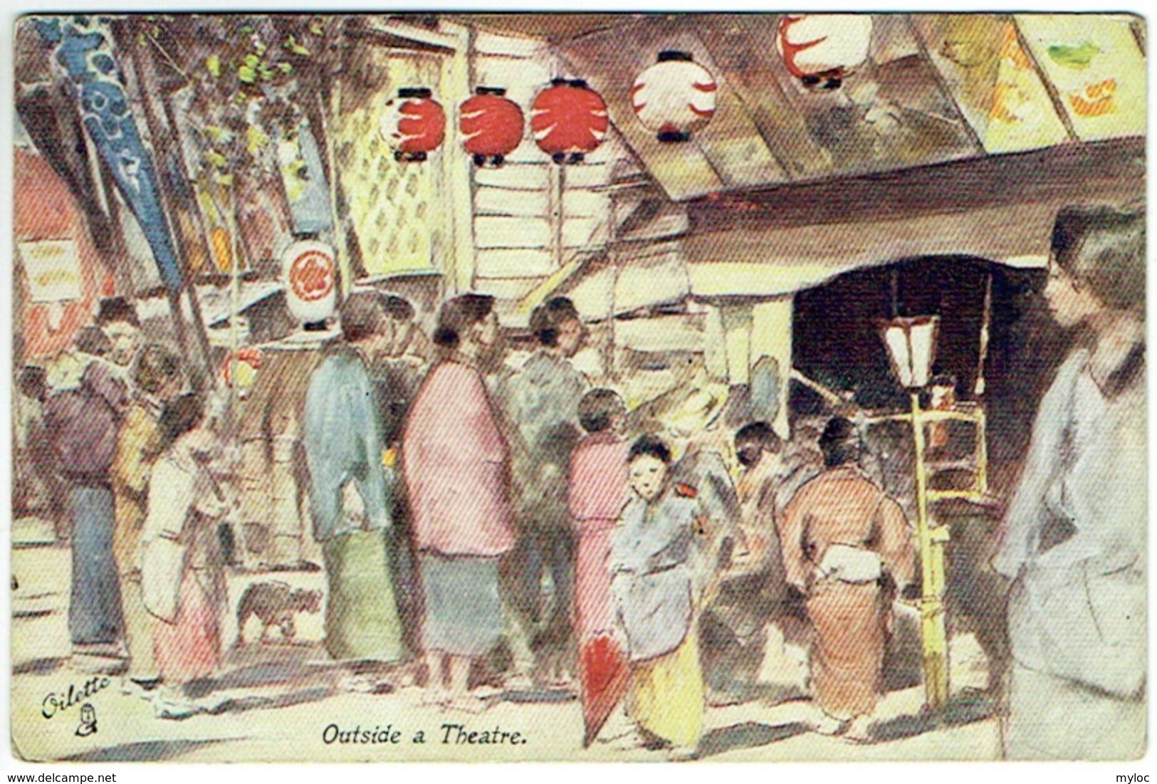 Illustrateur : Mortimer Menpes. Japan-British Exhibition, 1910. Oilette. Outside A Theatre - Autres & Non Classés