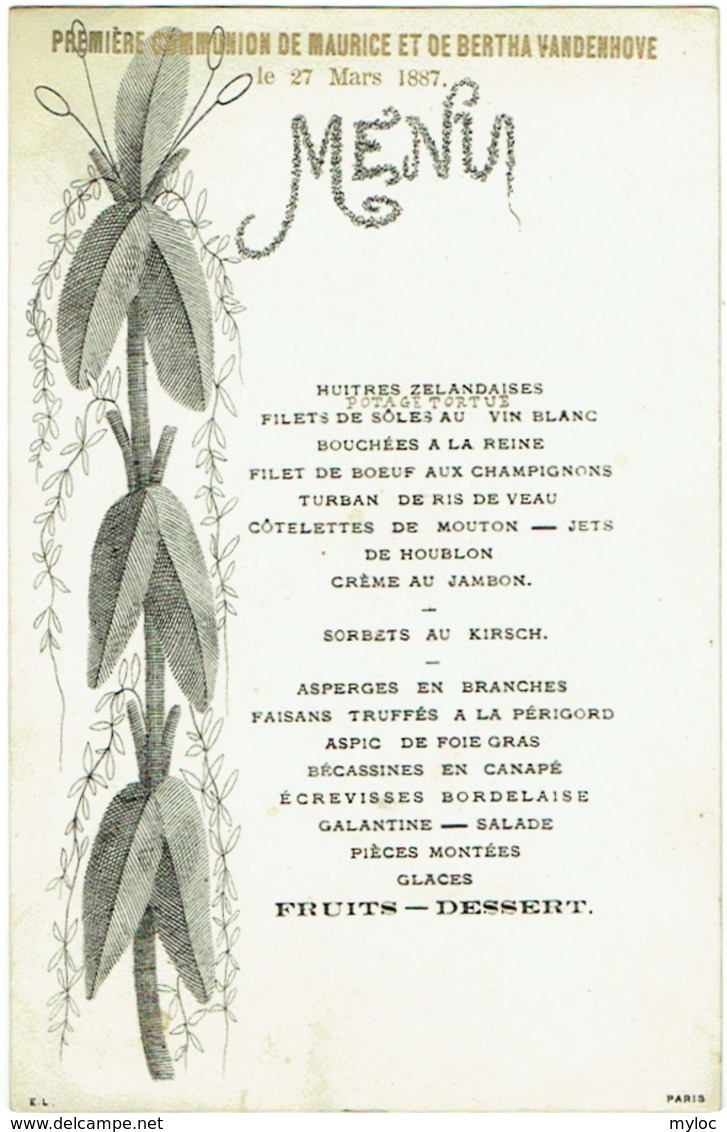 Menu. Communion De Maurice Et Bertha Vandenhove. 1887. Huitres, Filets De Sole...... - Menus