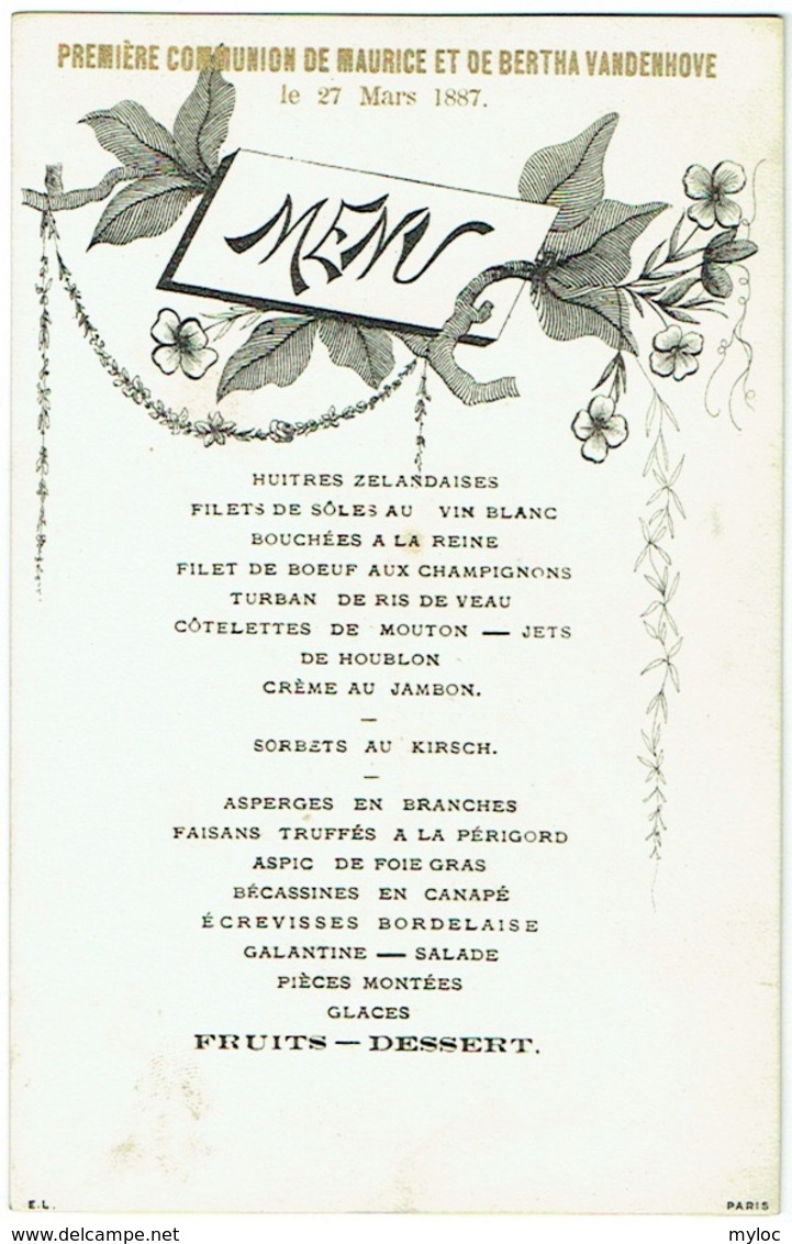 Menu. Communion De Maurice Et Bertha Vandenhove. 1887. Huitres, Filets De Sole...... - Menus