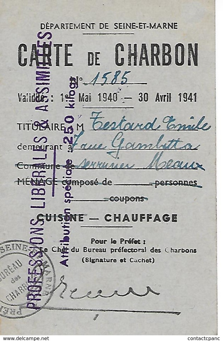 MEAUX ( 77 ) - Carte De Charbon De 1940 à 1941 - Meaux
