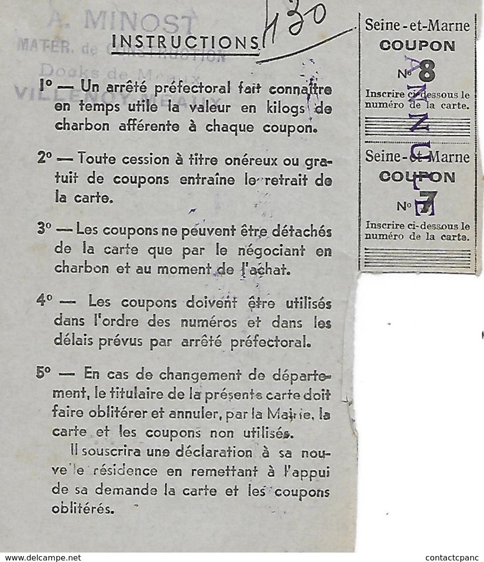 MEAUX ( 77 ) - Carte De Charbon De 1940 à 1941 - Meaux