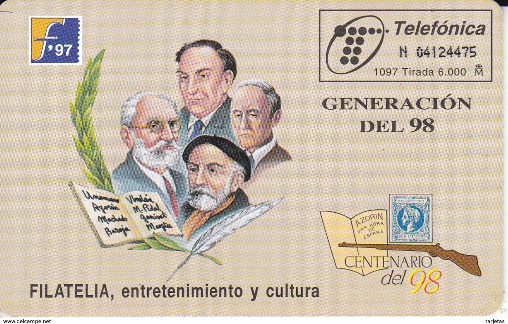 TARJETA DE ESPAÑA DE FILATELIA'97 (STAMP-SELLO) GENERACION DEL 98 (ESCOPETA) - Stamps & Coins