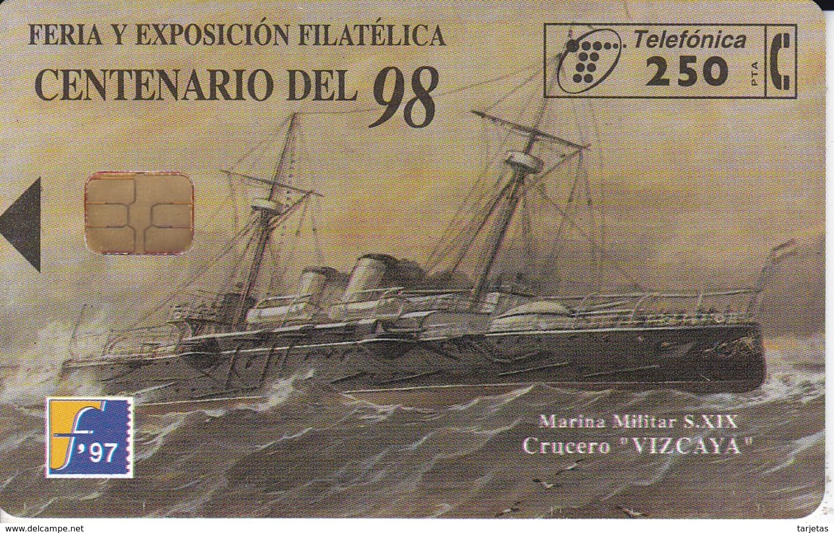 TARJETA DE ESPAÑA DE FILATELIA'97 (STAMP-SELLO) GENERACION DEL 98 (ESCOPETA) - Sellos & Monedas