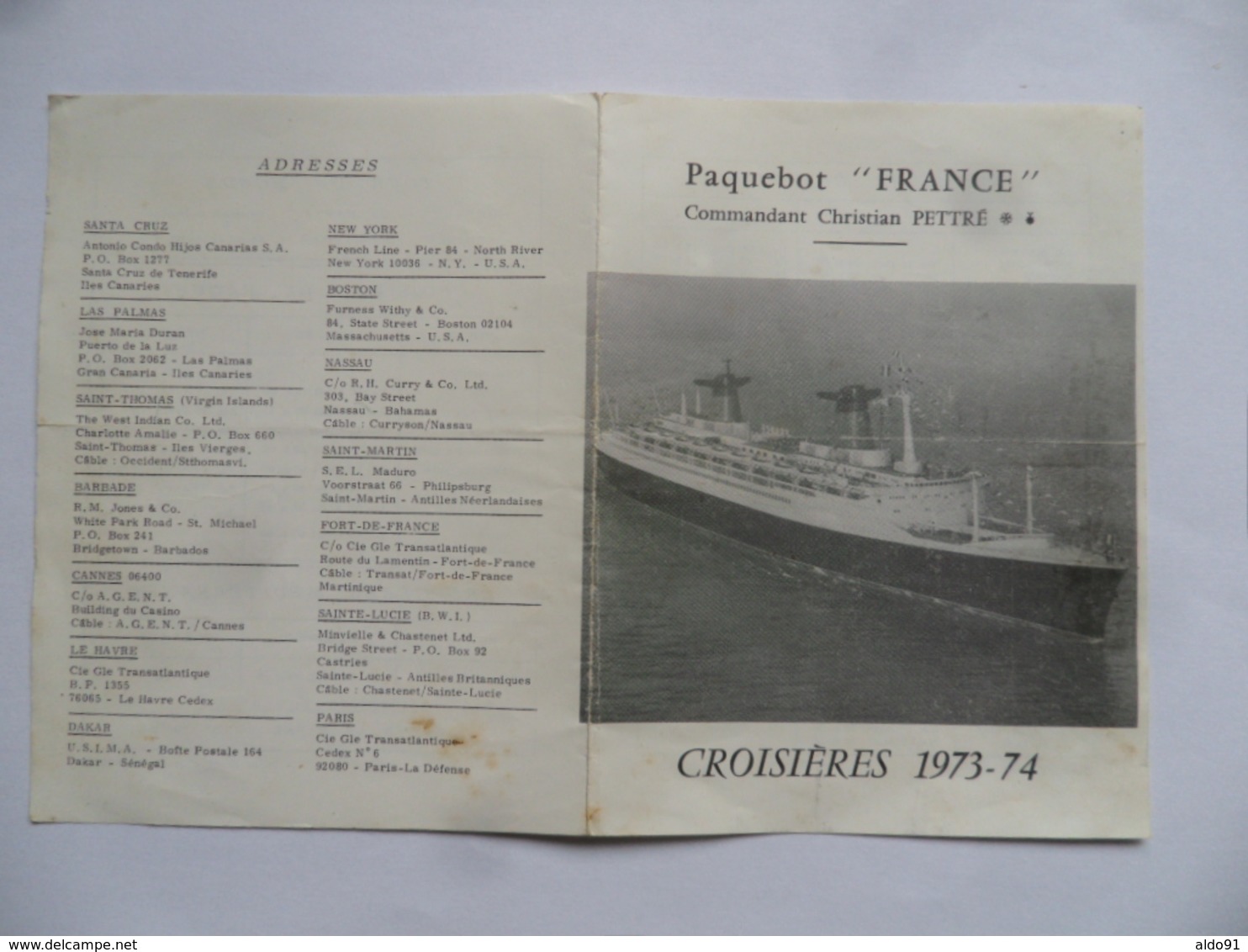 (Marine - Compagnie Générale Transatlantique) -Paquebot FRANCE - Croisières 1973-74 - Listes Des Escales Et Dates - Sammlungen