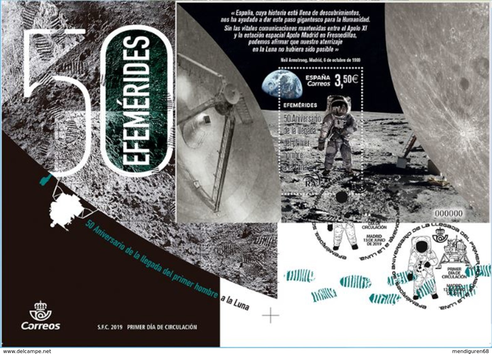 ESPAGNE SPANIEN SPAIN ESPAÑA 2019 M/S 50TH ANNIV ARRIVAL OF THE FIRST MAN TO THE MOON FDC ED HB5325 MI B324-5357 YT F50 - Briefe U. Dokumente