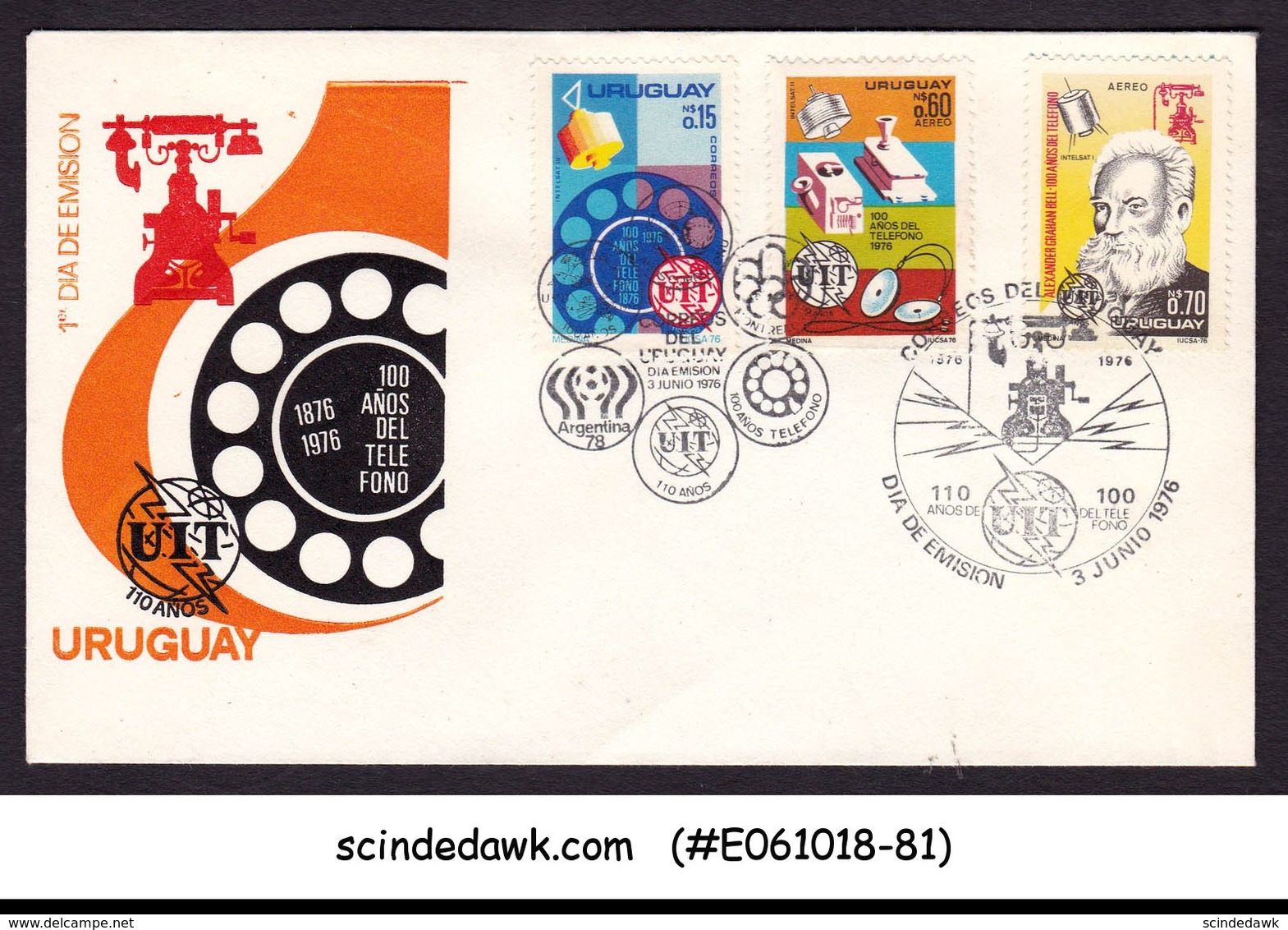 URUGUAY - 1976 CENTENARY OF TELEPHONE - FDC WITH UIT FOOTBALL & OLYMPIC CANCL. - Uruguay