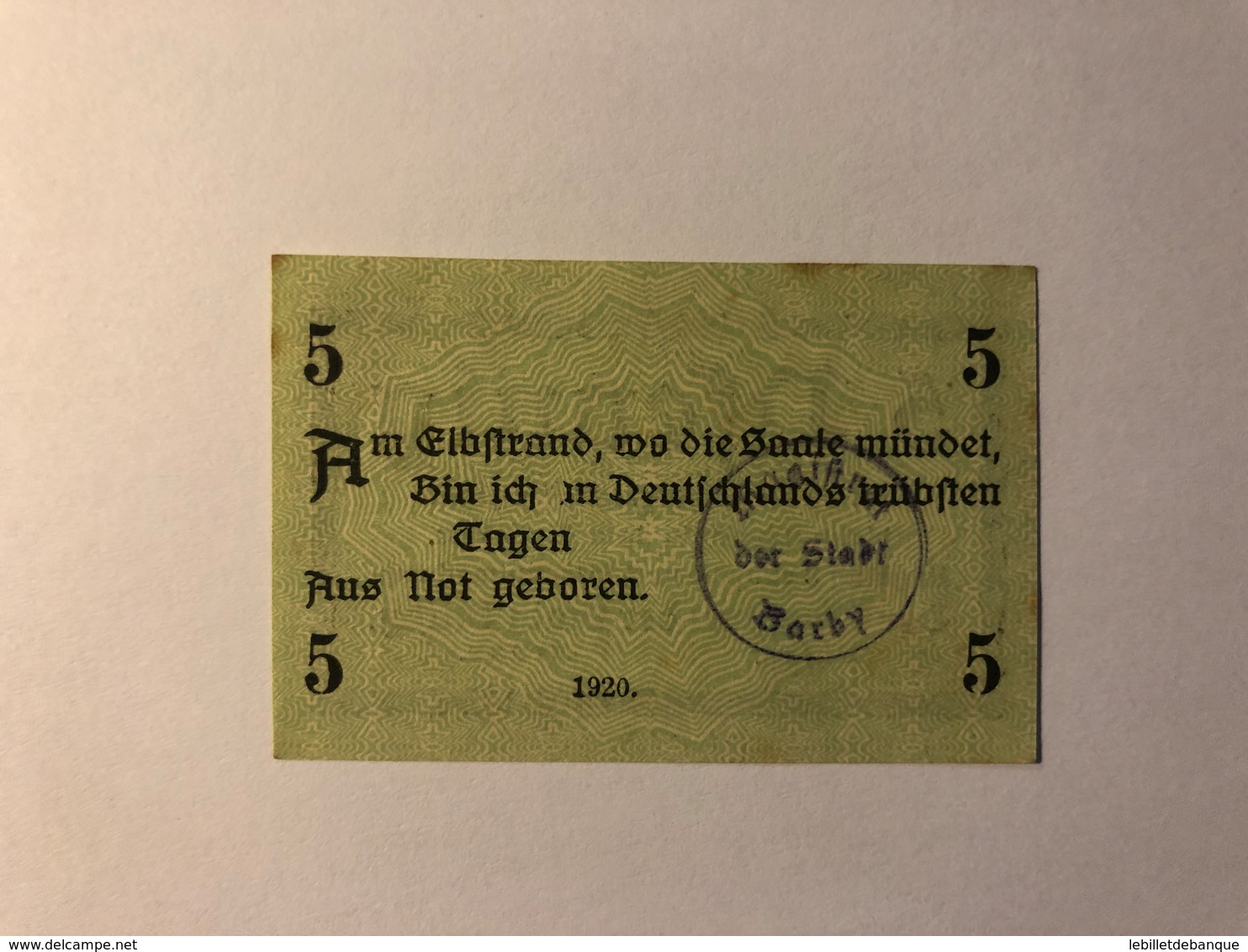 Allemagne Notgeld Barby 5 Pfennig - Collections