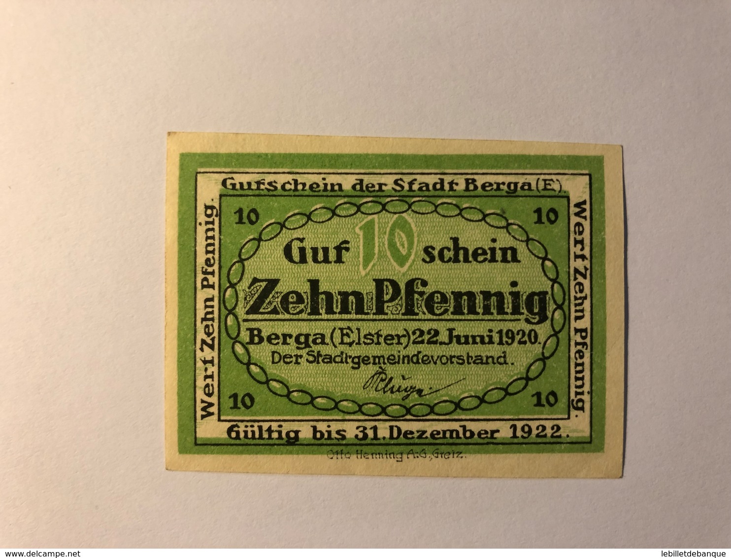 Allemagne Notgeld Berga 10 Pfennig - Collections