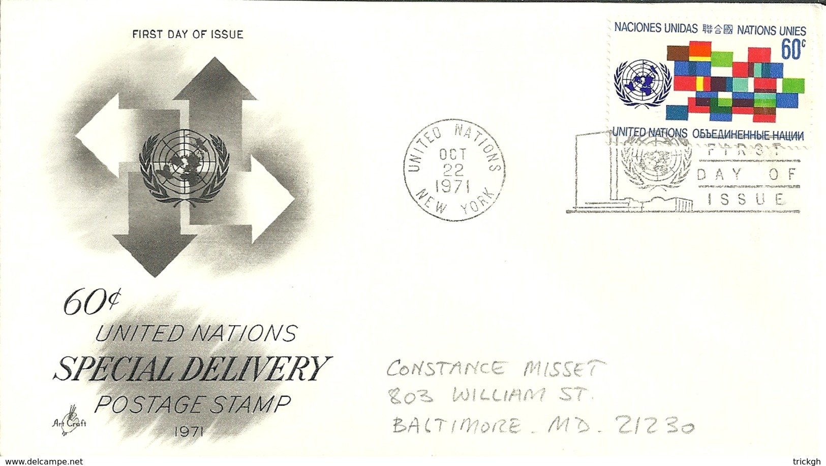 United Nations New York 1971 >> Baltimore MD USA - FDC