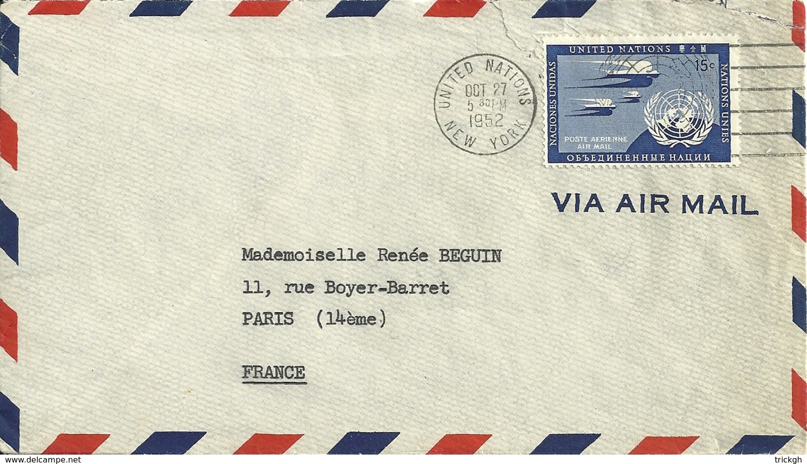 United Nations New York 1952 >> Paris F - Storia Postale