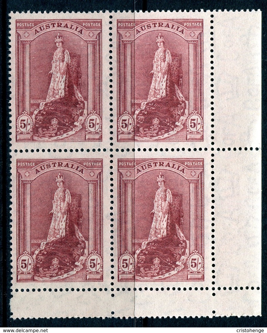 Australia 1937-49 KGVI Definitives (p.13½) - 5/- Queen Elizabeth - Thin Paper - Block Of 4 MNH (SG 176a) - Ongebruikt