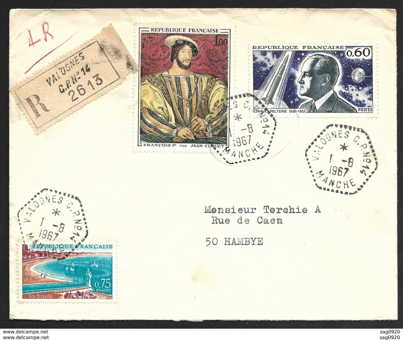 Manche-Enveloppe Recommandée Avec Cachet Hexagonal Valognes C.P. N°14 - 1961-....