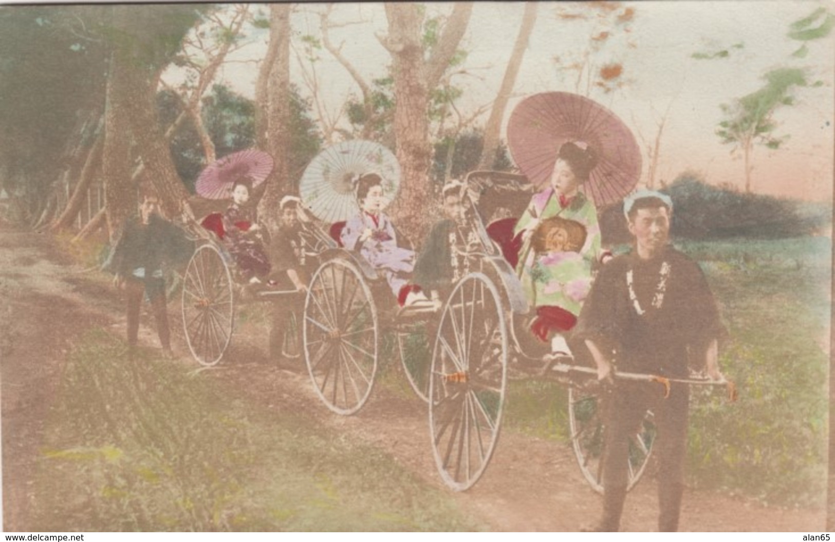 Men Pull Women In Rickshaw Carriages, Fashion Fancy Dress, Unknown Location Japan, C1900s Vintage Postcard - Other & Unclassified