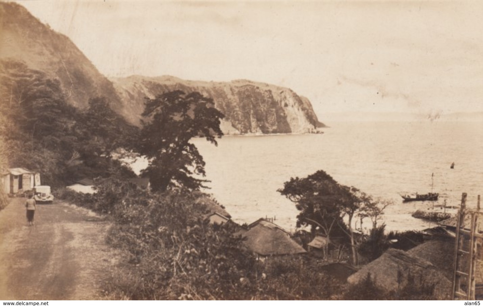 Izu Oshima Island Japan, View Of Town On Coast With Bay, Auto On Road, C1930s Vintage Real Photo Postcard - Other & Unclassified