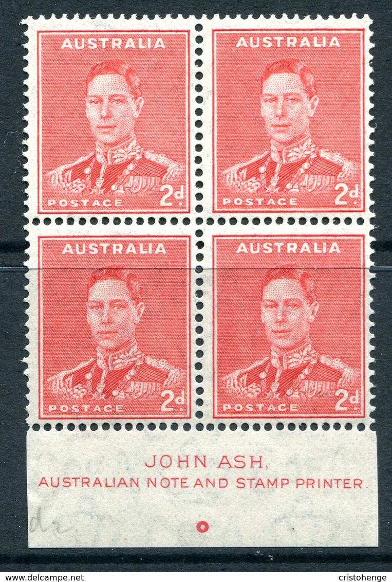 Australia 1937-49 KGVI Definitives (p.15 X 14) - 2d King George VI - John Ash Imprint Block MNH (SG 184) - Mint Stamps