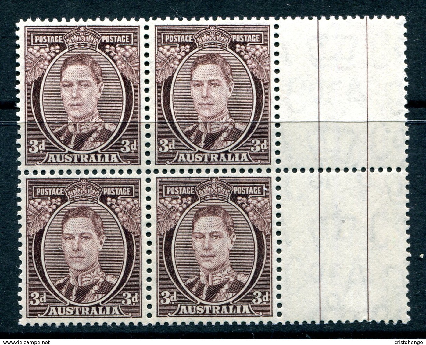 Australia 1937-49 KGVI Definitives (p.15 X 14) - 3d King George VI - Block Of 4 MNH (SG 187) - Mint Stamps