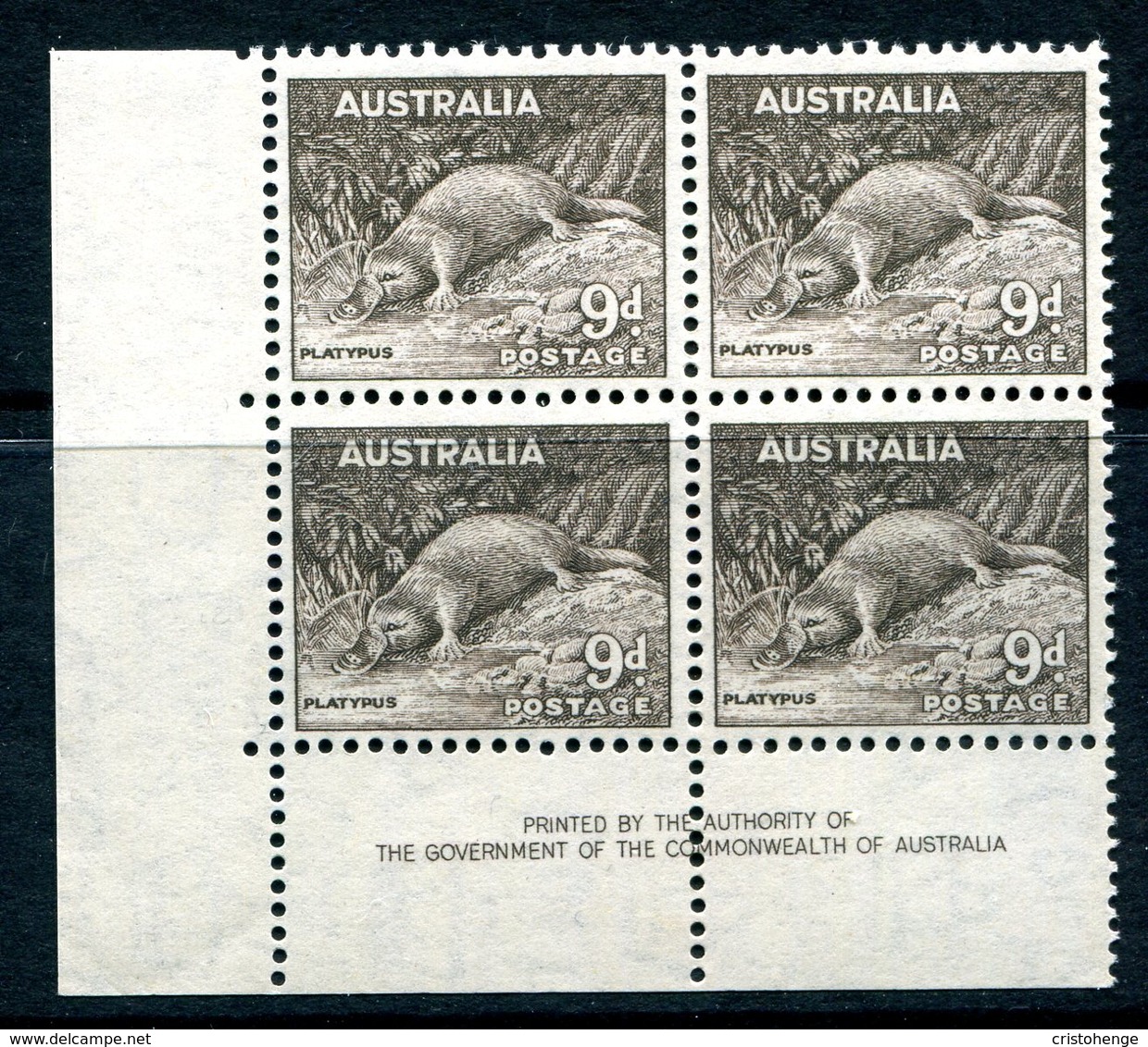 Australia 1937-49 KGVI Definitives (p.15 X 14) - 9d Platypus - Imprint Block Of 4 MNH (SG 191) - Mint Stamps