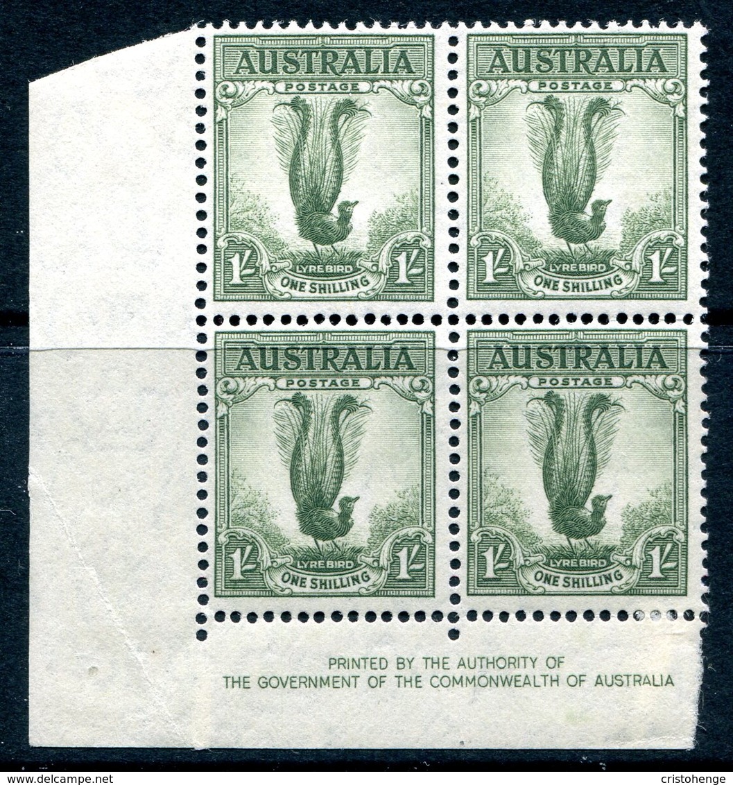 Australia 1937-49 KGVI Definitives (p.15 X 14) - 1/- Lyre Bird - Imprint Block Of 4 HM (SG 192) - Mint Stamps