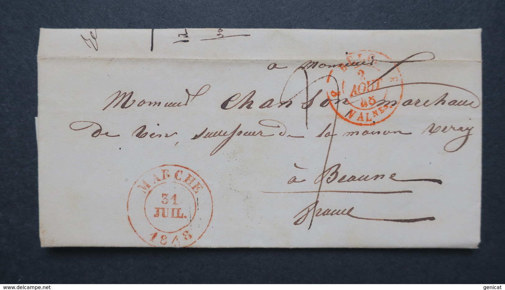 Belgique 1848 Lettre En Port Du De Marche Pour Beaune France Entrée Valenciennes Taxe Manuscrite Voir Scans - 1830-1849 (Belgique Indépendante)