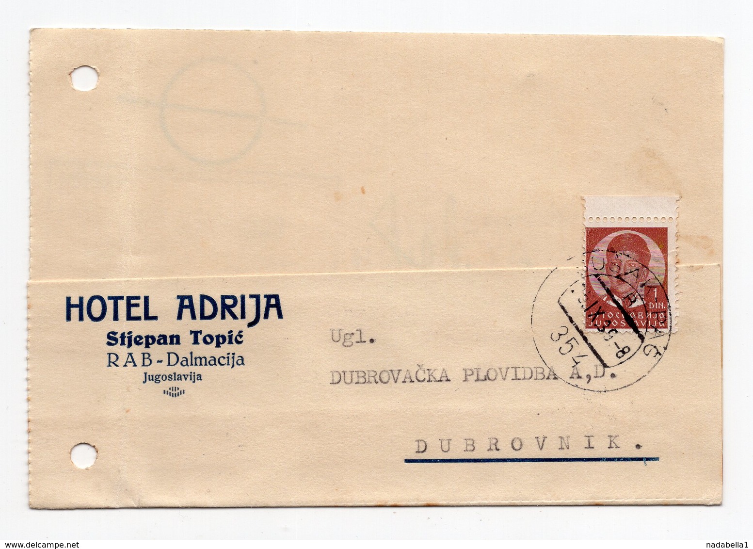 1939 YUGOSLAVIA, CROATIA, RAB TO DUBROVNIK, CORRESPONDENCE CARD, HOTEL ADRIJA - Covers & Documents