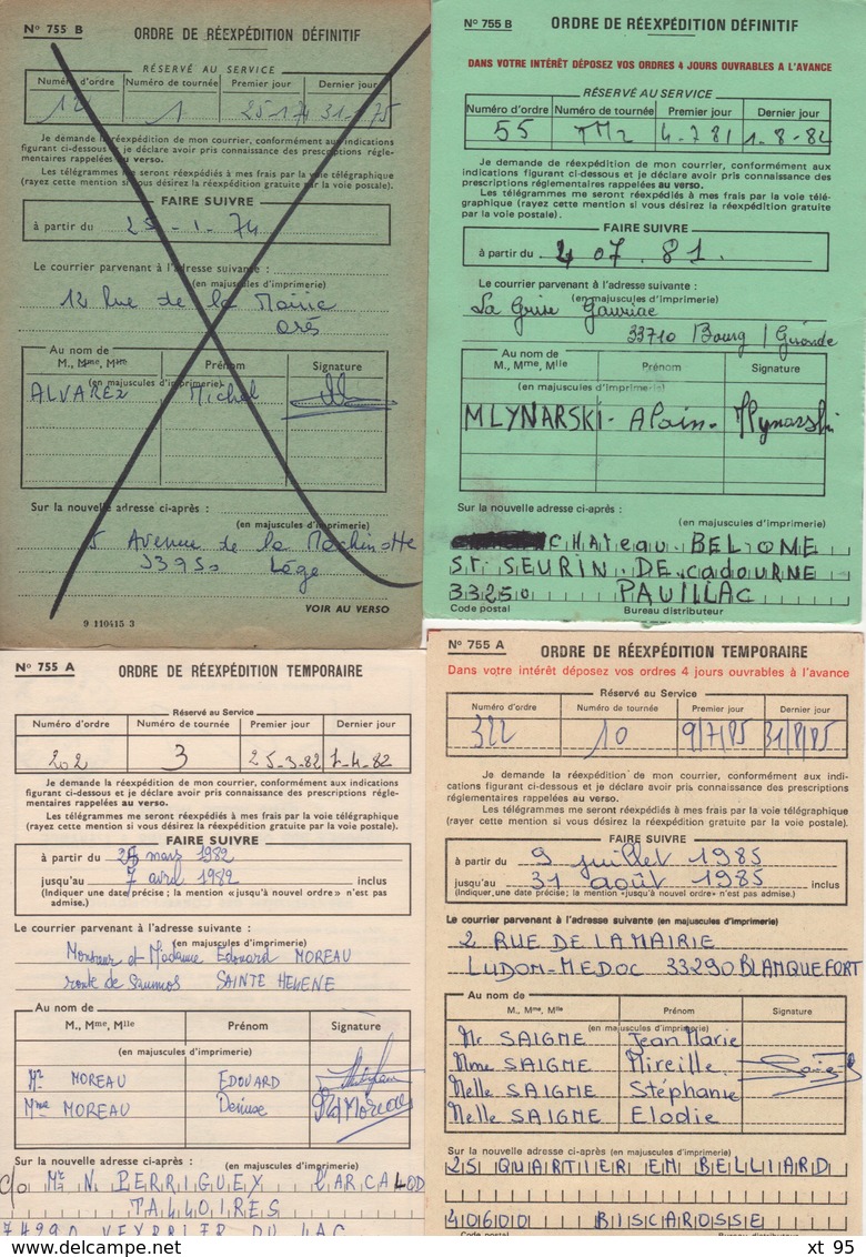 Lot De 4 Ordres De Reexpedition Differents (2 Temporaires + 2 Definitives) - Gironde - Voir Scan - 1961-....