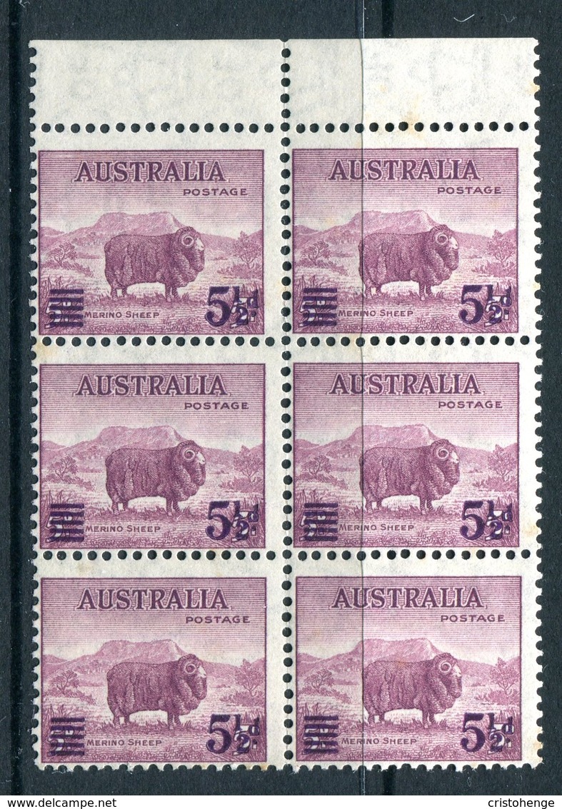 Australia 1941 KGVI Definitive Surcharges - 5½d On 5d Merino Lamb - Block Of 6 MNH (SG 202) - Tone Spots On Reverse - Mint Stamps