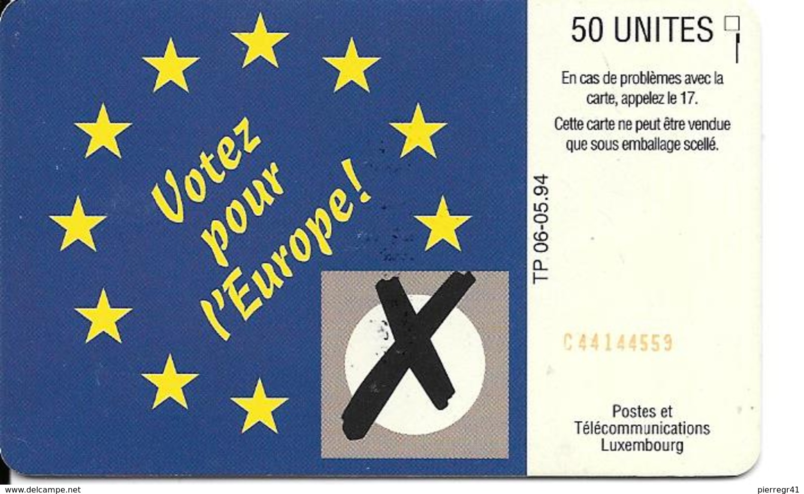 CARTE-PUCE-LUXEMBOURG-50U-TP06-SC7-05/94-4éElection Parlement EUROPEEN -V° N°Rge Série-C44144559-TBE - Luxembourg