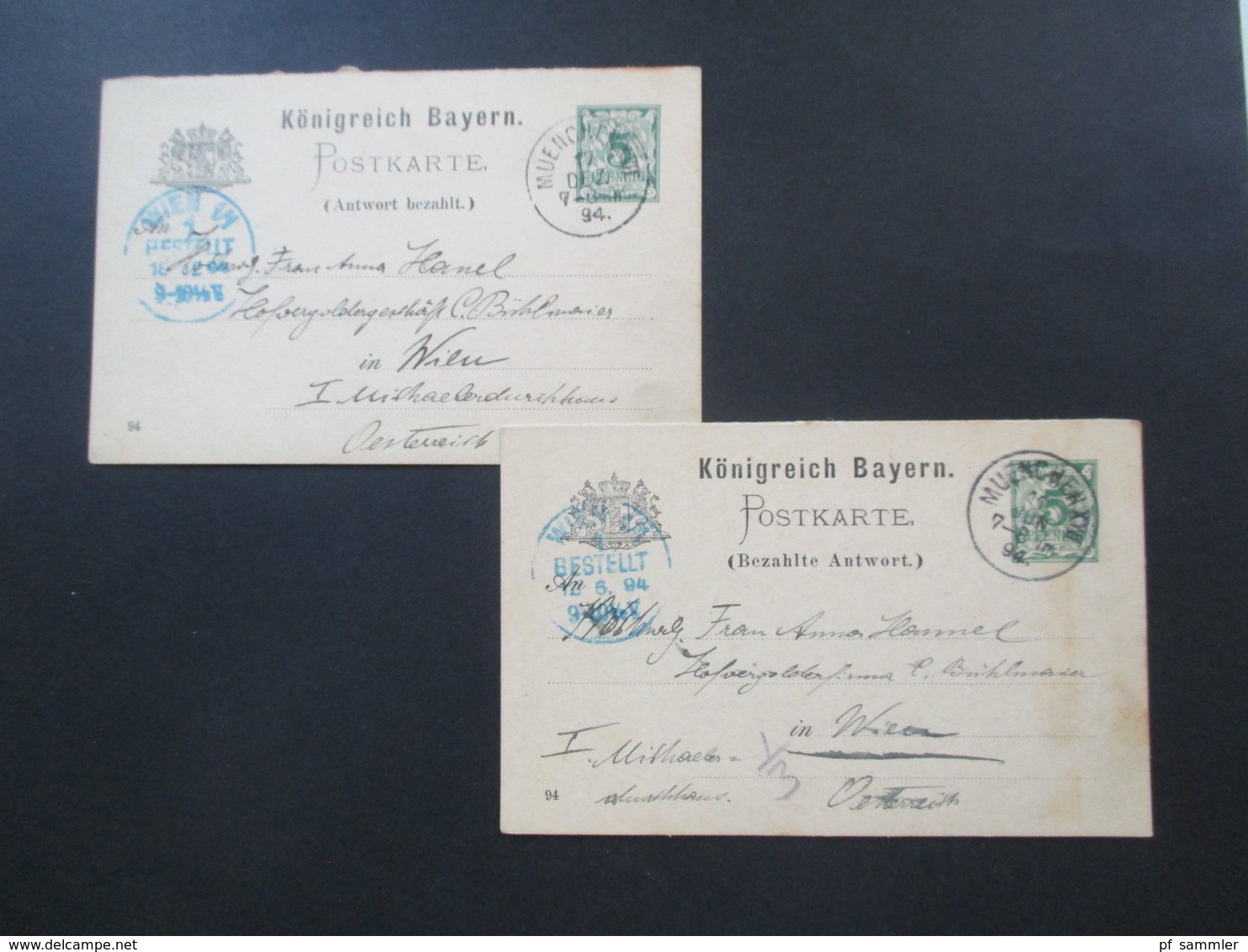 Altdeutschland Bayern 1894 GA Frage / Antwort München Nach Wien Mit Blauem Ak Stempel Wien 1/1 1 Bestellt - Postal  Stationery