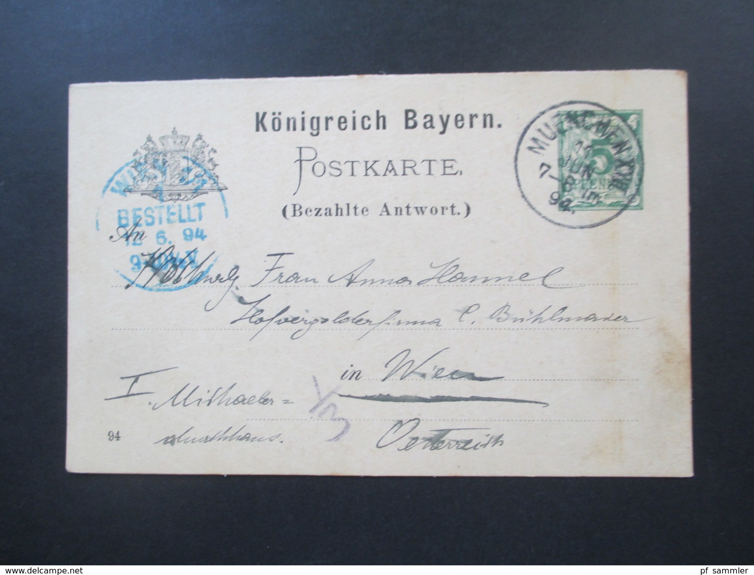 Altdeutschland Bayern 1894 GA Frage / Antwort München Nach Wien Mit Blauem Ak Stempel Wien 1/1 1 Bestellt - Postwaardestukken