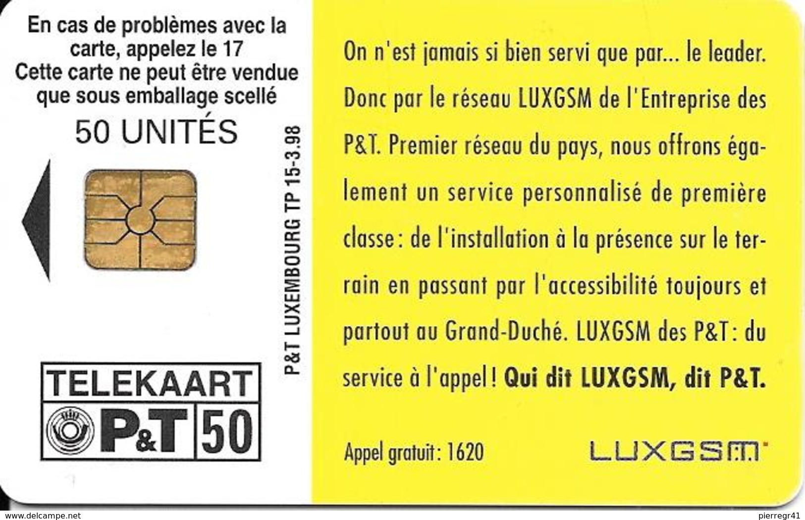 CARTE-PUCE-LUXEMBOURG-50U-TP15-OR2-03/98-TELEPHONE PORTABLE1 -V° Sans N° Série-TBE - Luxembourg