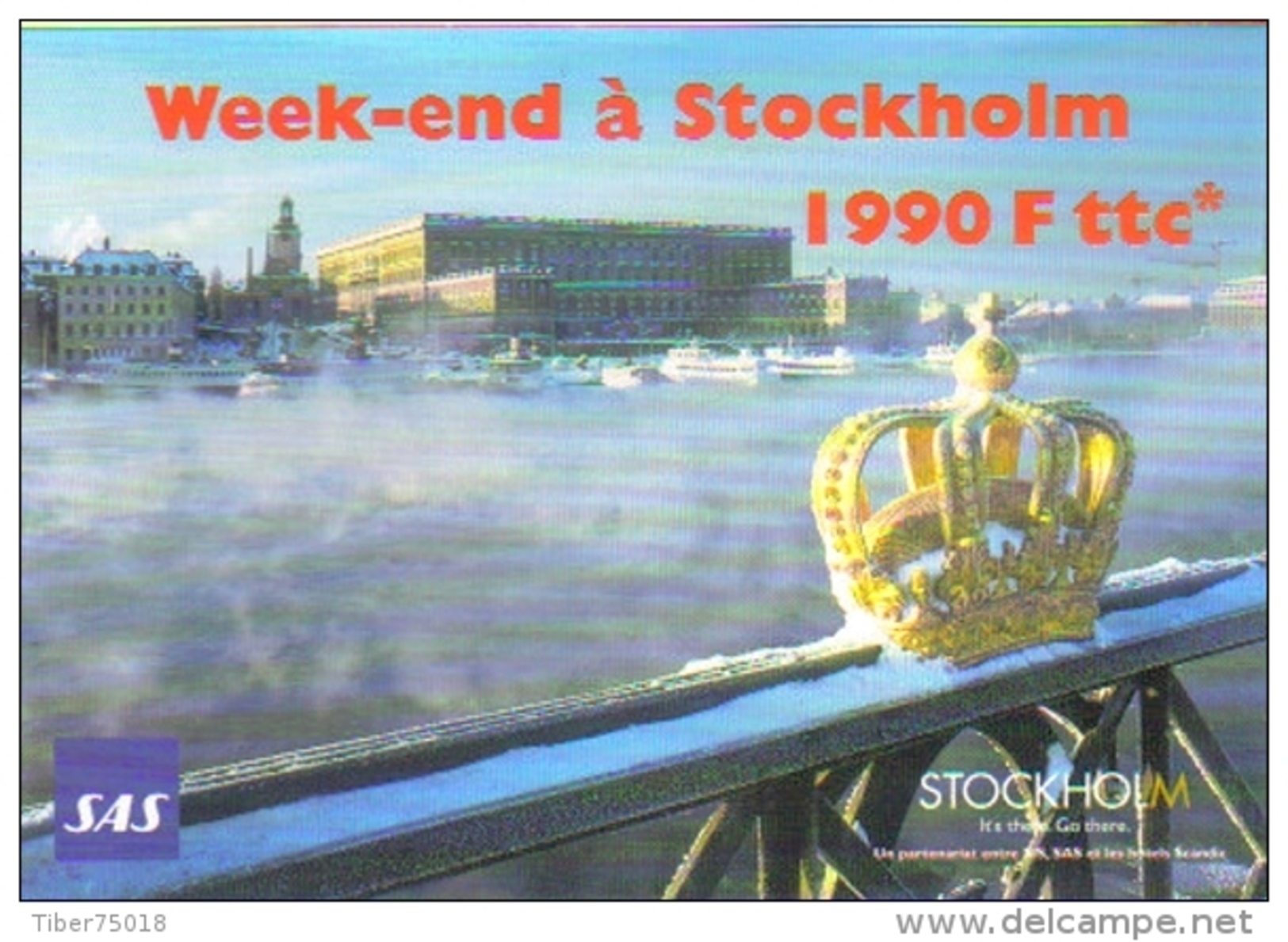 Carte Postale édition "Carte à Pub" - Week-end à Stockholm (Suède - Vol SAS - Compagnie D'aviation - Couronne) - Publicité