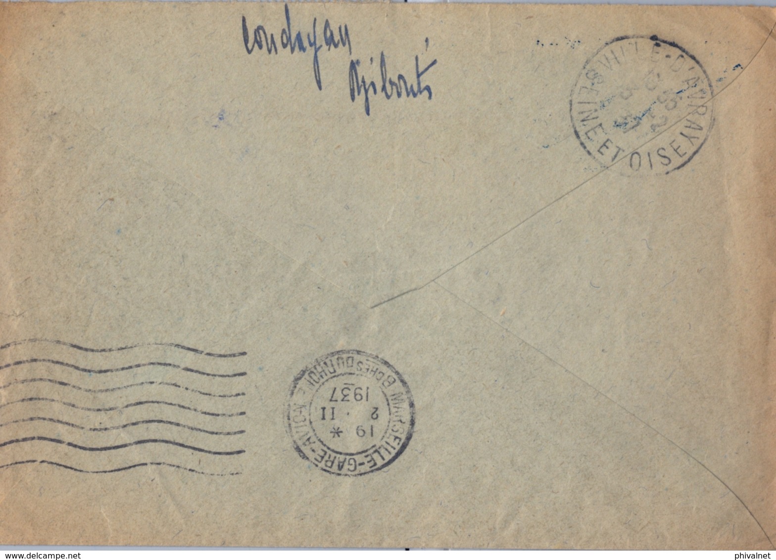 1937 , COTE FRANCAISE DES SOMALIS, SOBRE CIRCULADO , DJIBOUTI - VILLE DE AVRAY / SEINE ET OISE , LLEGADA , VIA MARSELLA - Cartas & Documentos