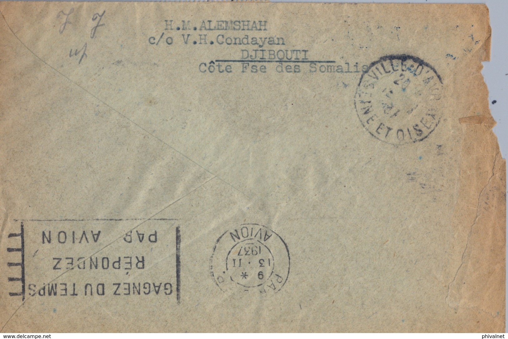 1937 , COTE FRANCAISE DES SOMALIS, SOBRE CIRCULADO , DJIBOUTI - VILLE DE AVRAY / SEINE ET OISE , LLEGADA , VIA PARIS - Cartas & Documentos