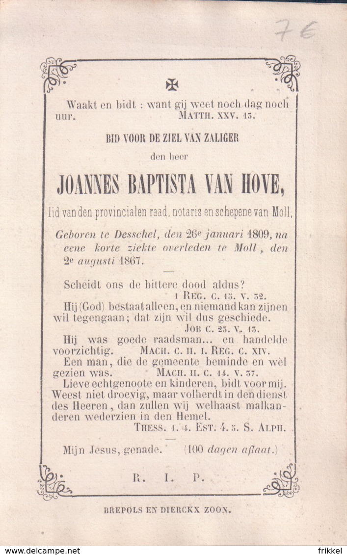 Doodsprentje Joannes Baptista Van Hove Lid Provincialen Raad, Notaris , Schepenen V Moll Mol ° Dessel Desschel 1809-1867 - Images Religieuses