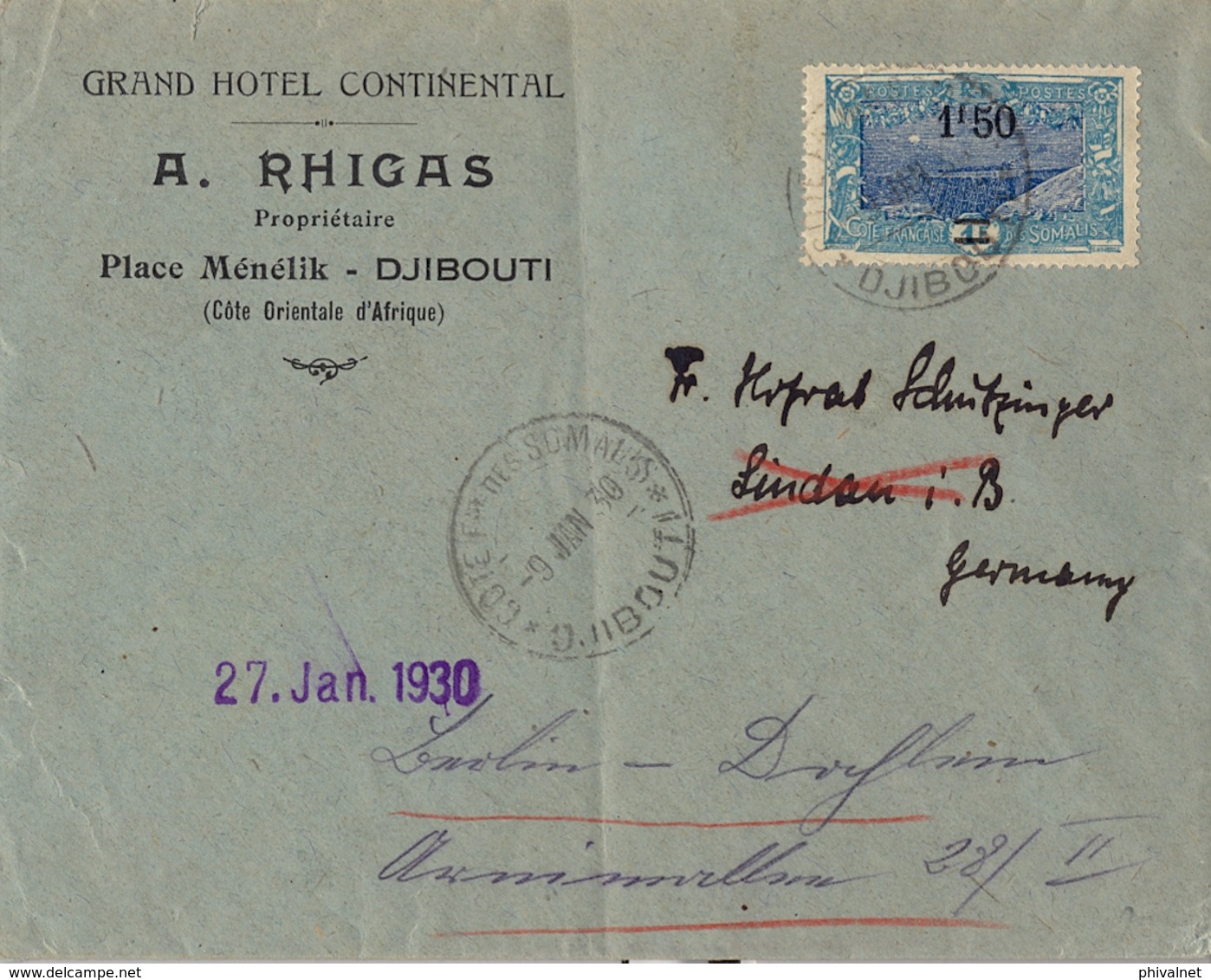 1930 , COTE FRANCAISE DES SOMALIS, SOBRE CIRCULADO , DJIBOUTI - LINDAN , GRAN HOTEL CONTINENTAL , YV. 118 - Cartas & Documentos