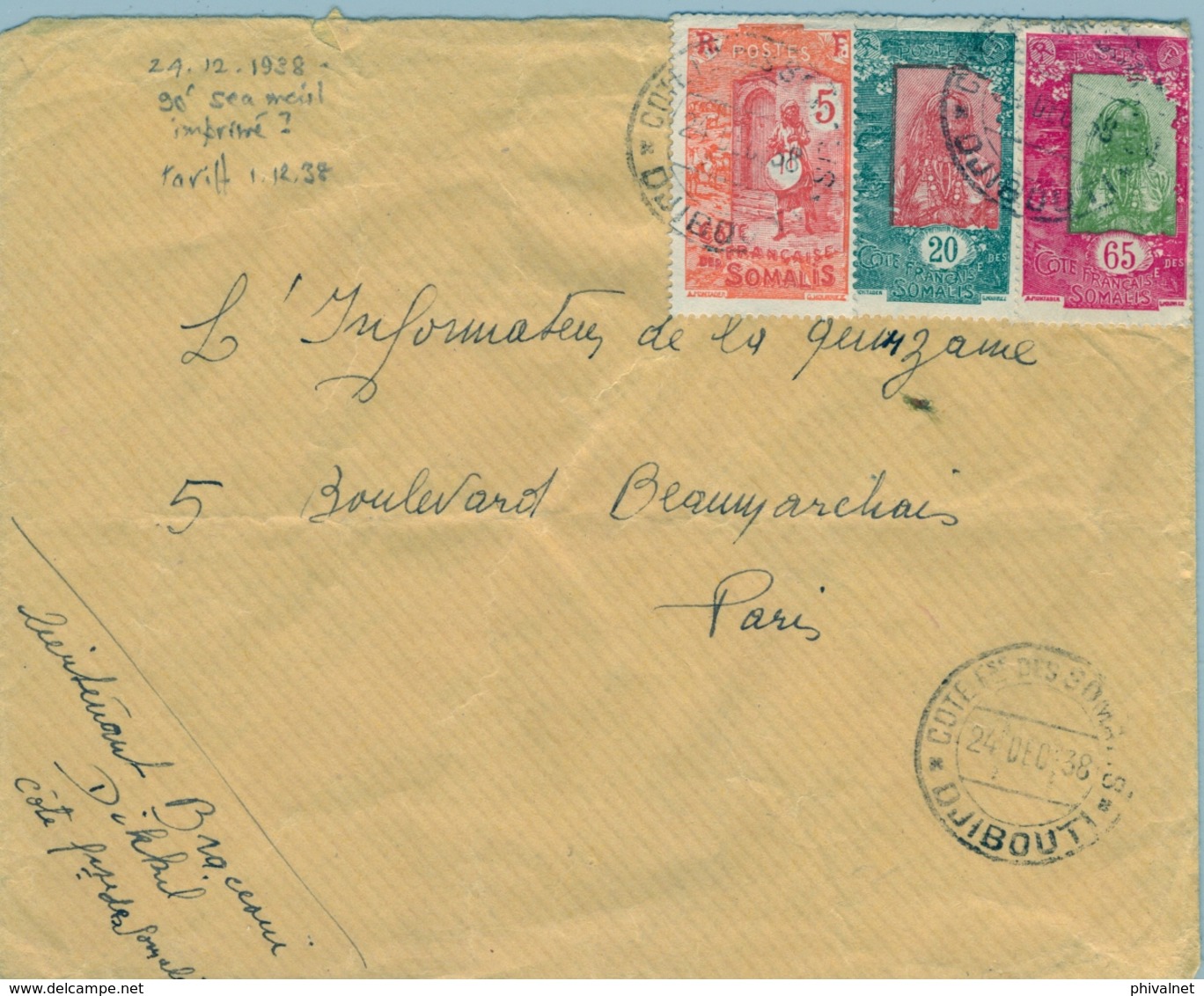 1938 , COTE FRANCAISE DES SOMALIS, SOBRE CIRCULADO , DJIBOUTI - PARIS , YV. 103 , 124 , 129 - Cartas & Documentos